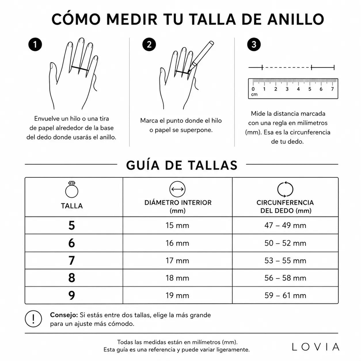 tabla de tallas anillos resistentes al agua Lovia